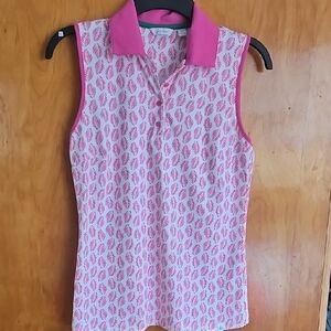 Lady Hagen Pink Leaf-Print Sleeveless Polo